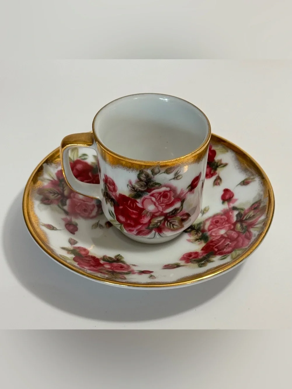 Vintage Porcelana Tsuji Argentina Rose Demitasse Cup & Saucer Gold Trim